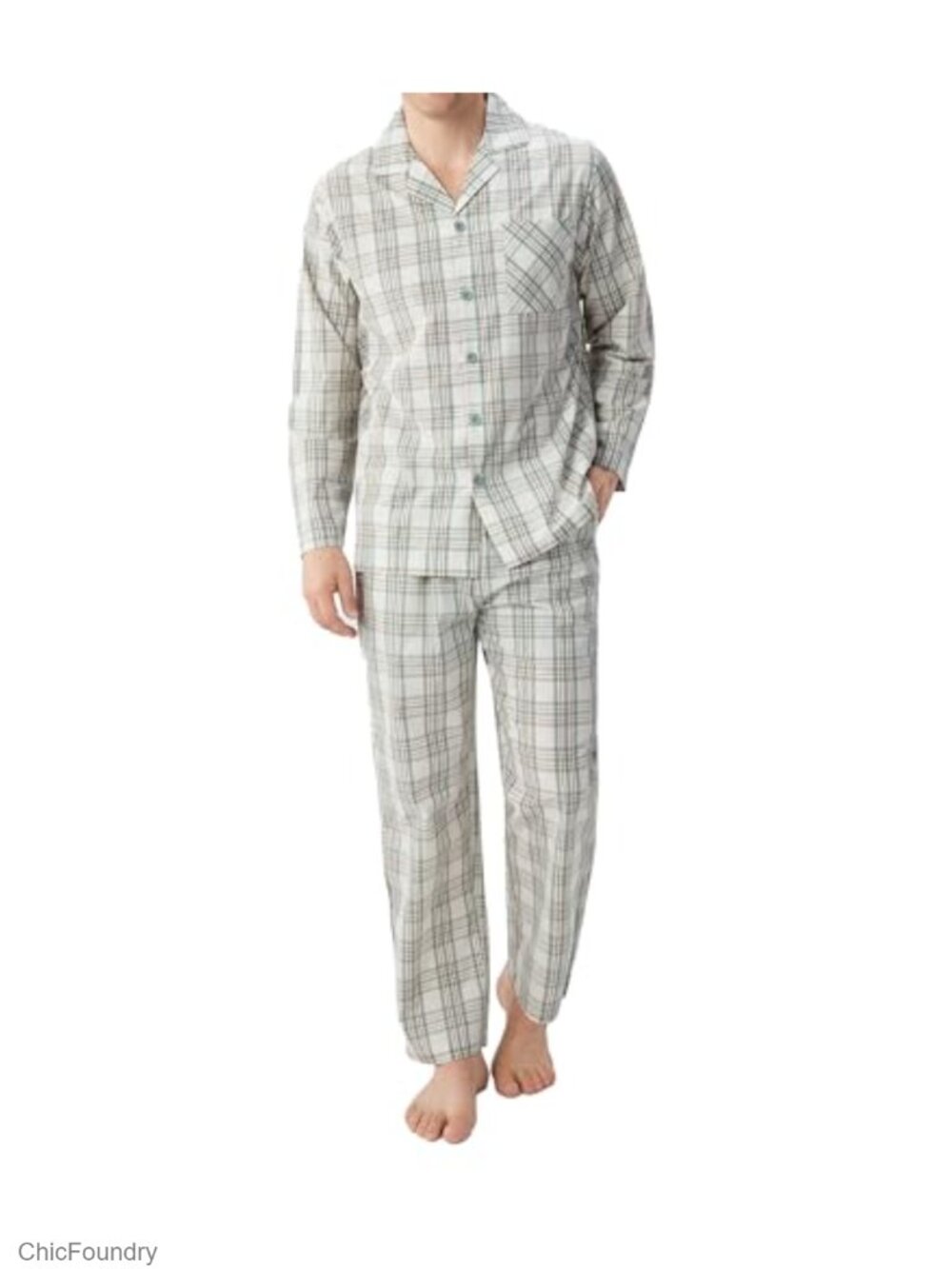 Men's Pajama Set Woven Cotton Plaid Button-Up Lounge Sleepwear